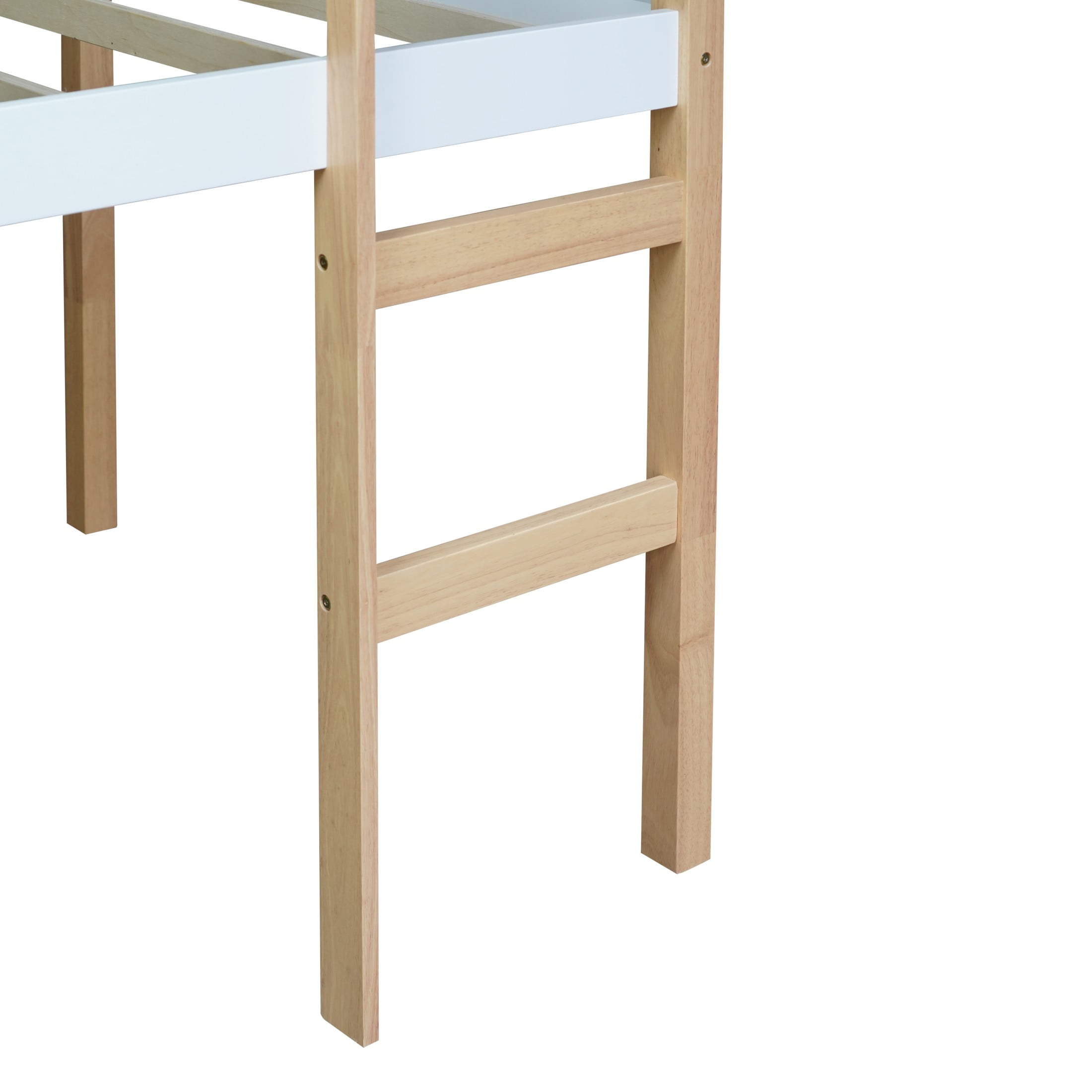 Aukfa Rubber Wood Twin Loft Bed with Ladder for Kids Girls Boys, Strengthened Slats, Natural/White