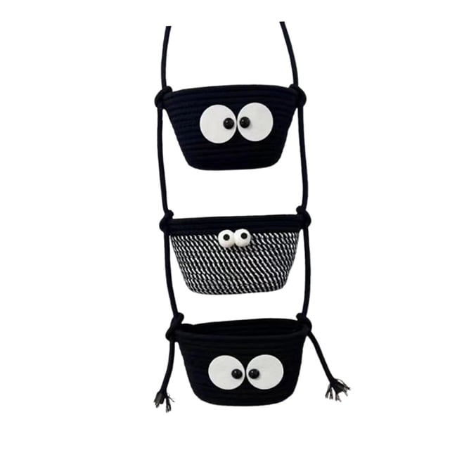 Cesta colgante tejida de pared de 3 niveles para colgar sobre la puerta, sombreros, teléfonos, etc. blanco y negro