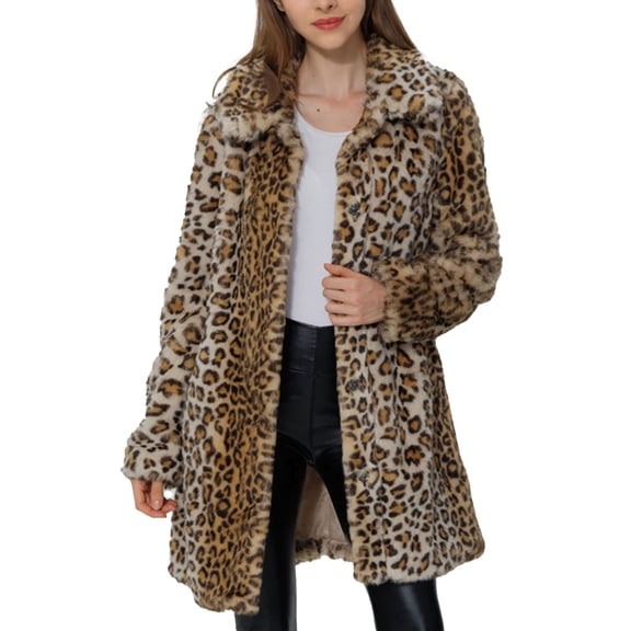 Giolshon Women's Leopard Print Faux Fur Parka Long Sleeve Warm Fluffy Winter Overcoat Outerwear