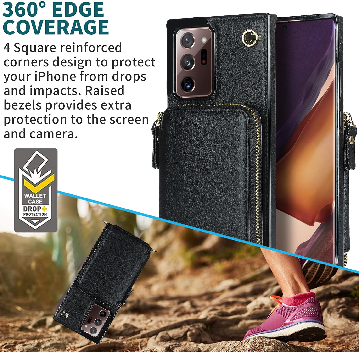 TECH CIRCLE For Galaxy Note 10+ Wallet Case,Card Holder Phone Case for Women, Zipper PU Leather Purse Kickstand Folio Flip Case with Crossbody Strap for Samsung Galaxy Note 10 Plus 5G 6.8” 2019,Black