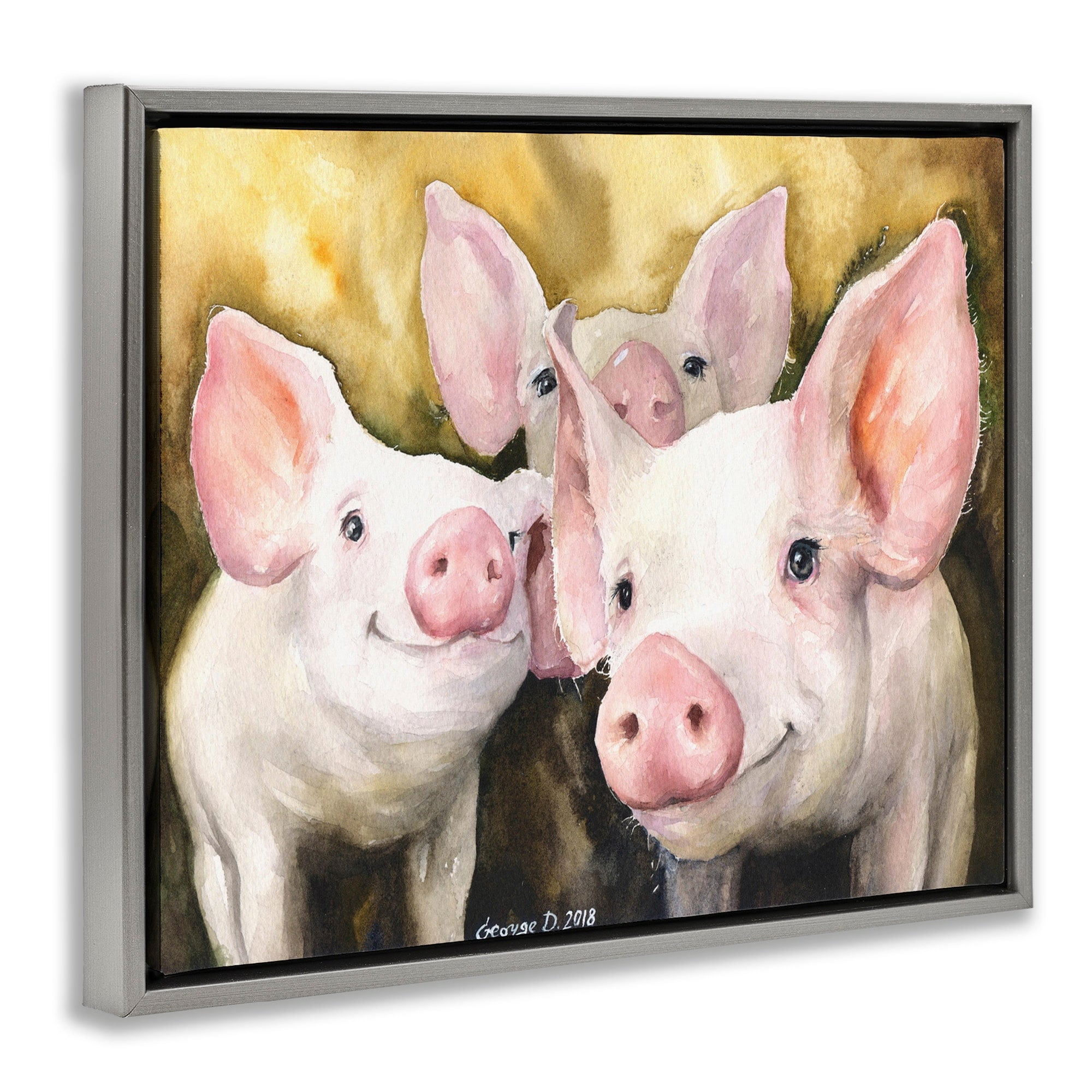 Stupell Industries Baby Pigs Animal Yellow Watercolor Painting Luster Gray Framed Floating Canvas Wall Art, 16x20, by George Dyachenko