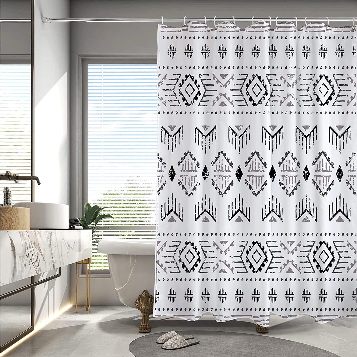 Black White Boho Shower Curtain Set, Modern Farmhouse Geometric Shower Curtain, Bohemian Tribal Chic Shower Curtain for Bathroom Decor with 12 Hooks 72x72in,Water Repellent