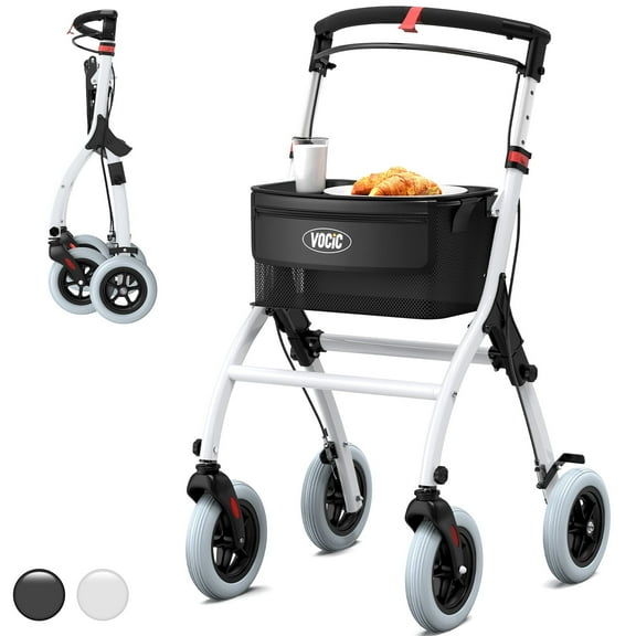 VOCIC Narrow Rollator Walkers for Seniors, Lightweight Indoor Walker for Tight Spaces with Tray, Foldable Stable Home Walker