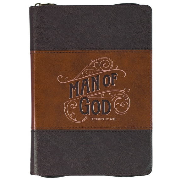 Christian Art Gifts Inspirational Zippered Journal, Man of God Wide Ruled Notebook, 1 Tim. 6:11 Bible Verse, Brown Vegan Leather, 336 Lined Pages w/scripture, (9” x 6.4” x .9”)