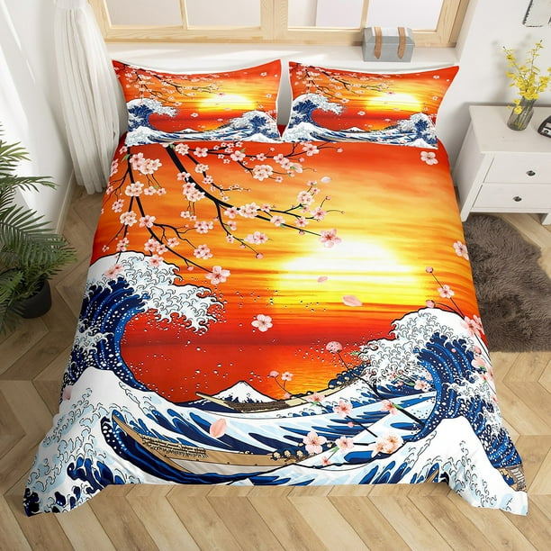YST Japanese Style Duvet Cover Twin,Japan Ukiyoe Red Sunset Ocean Wave