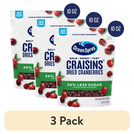 (3 pack) Ocean Spray® Craisins®, 50% Less Sugar Dried Cranberries, Dried Fruit, 10 oz Pouch