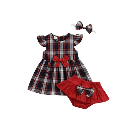 

Yinyinxull 3Pcs Infant Baby Girls Clothes Plaids Printed Fly Sleeve Bowknot Dress Tops+Shorts+Headband Sets Red 6-12 Months