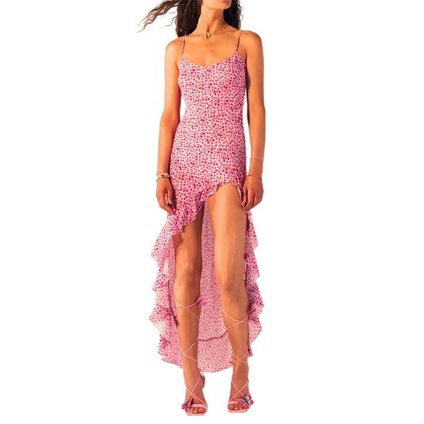 VISgogo Vestido largo sin mangas de verano para mujer, vestido ajustado con dobladillo con volantes y estampado de mariposas de corte bajo con correa de espagueti para la playa VISgogo moda