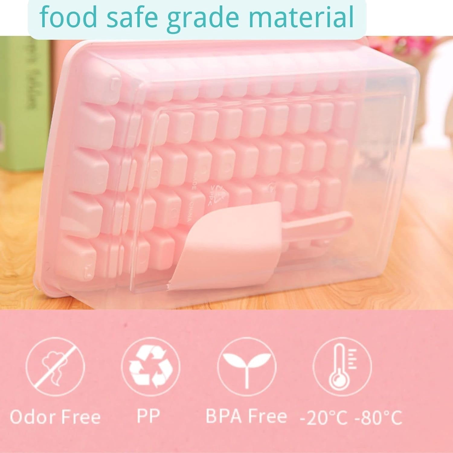 Ice Cube Tray with Lid and Bo - Ice Cube Mold for Refrigerator BPA Free Ice Container with Spoon and Lid Blue Green Powder (Pink+110)