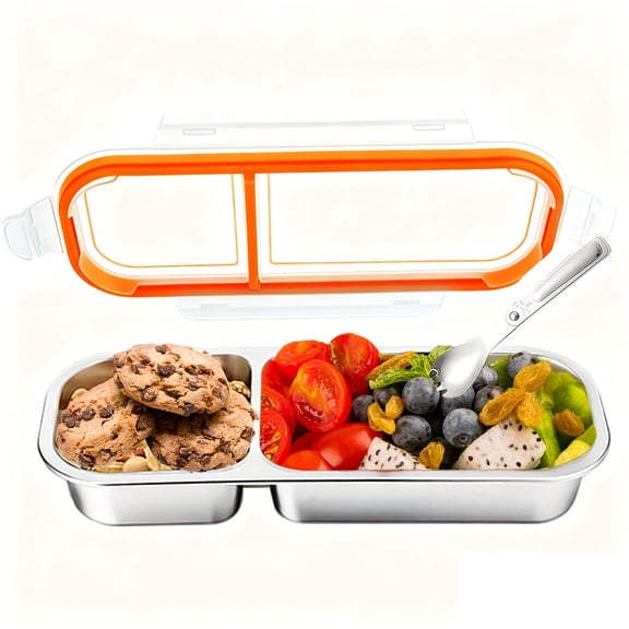 Food Storage Containers with Airtight Lid, Stainless Steel Snack Containers, Leak Proof Metal Lunchbox with Compartment and Spoon, Lunch Box Bento Box for Home ,Office, Travel, Meal Prep, 1PC