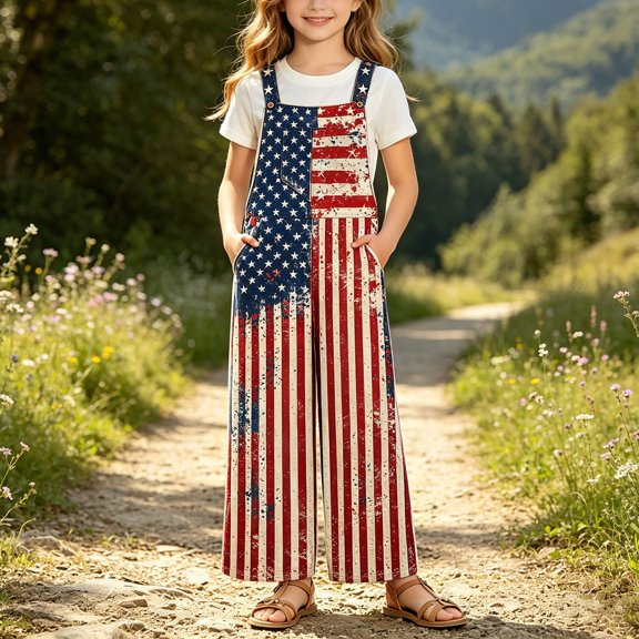 Jumpsuit for Girls Size 5-6Y Kids Sleeveless Square Neck Usa Flag Print Romper with Pockets Lightweight Daily Wear Rompers for Girls