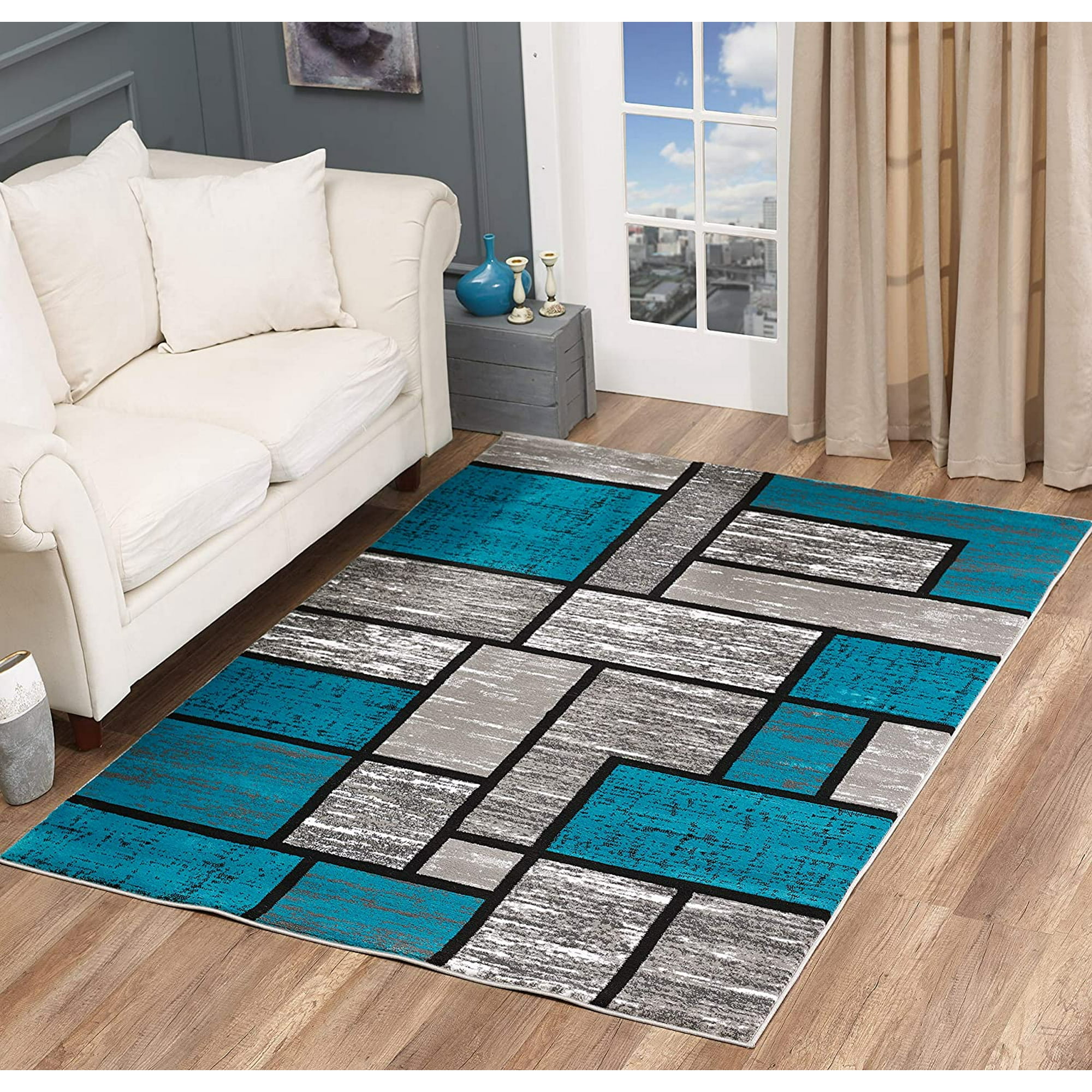Area Rug Abstract Modern Boxes Grey, Turquoise Rug Living Room