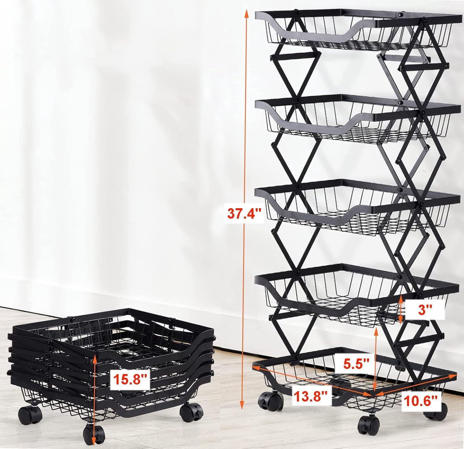 Alexent 5-Tier Foldable Rolling Storage Cart, No Assembly, Space-Saving Metal Organizer with Wheels for Kitchen Pantry Bathroom