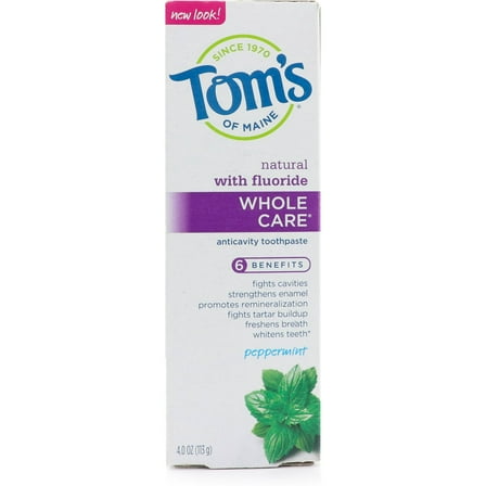 Tom's of Maine Whole Care with Fluoride Natural Toothpaste, Peppermint 4 oz (Pack of 2)