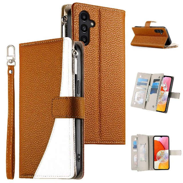 Funda cartera GANGXUN para Samsung Galaxy A14 4G/5G , cuero PU con tarjetero, cremallera, correa de mano, soporte y protección 1064°