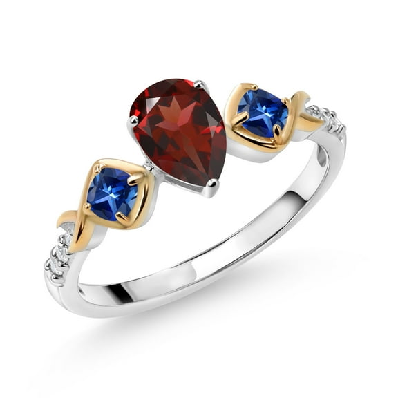 Gem Stone King 1.08 Ct Red Garnet Blue Created Sapphire 925 Silver and 10K Yellow Gold Ring (Size 9)