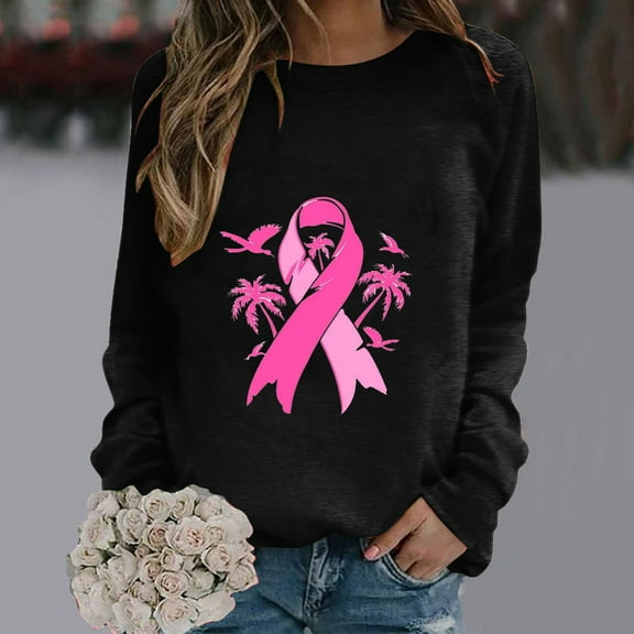 CLOISE Pink Breast Cancer Sweatshirt Women Breast Cancer Support Sweatshirts Ribbon Oversized Round Neck Long Sleeve Hoodie Cancer Awareness Shirts Loose Pullover Blouses Outfits Black XL