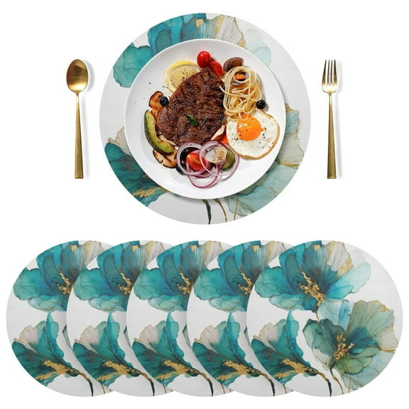 Qxltty 15inch Round Placemats Set of 6 Polyester Fabric Heat Resistant Washable Table Mat for Kitchen Party Decor Elegant Flower