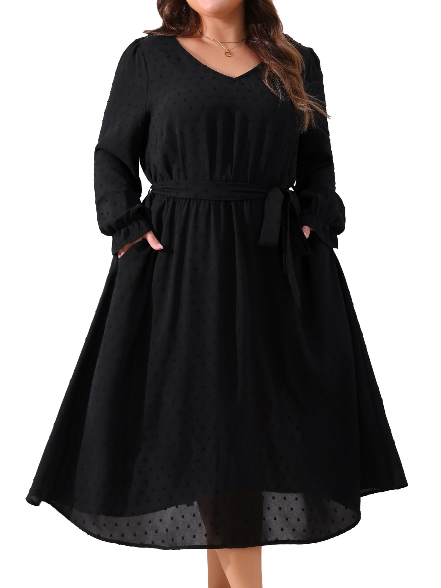 DARING DIVA Plus Size Swiss Dot V Neck Long Sleeve Midi Dress 4X Black