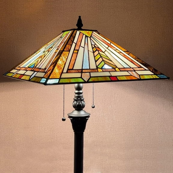 Tiffany Floor Lamp Mission Style Blue Stained Glass Floor Light for Reading Antique 16" Double Light Standing Lamp for Living Room Bedroom Home Office