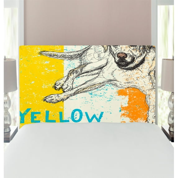 Yellow Headboard, Sitting Dog Sketch Style Illustration on Striped Background Weathered Effect, Upholstered Decorative Metal Bed Headboard with Memory Foam, Twin Size, Yellow Beige Blue, by Ambesonne