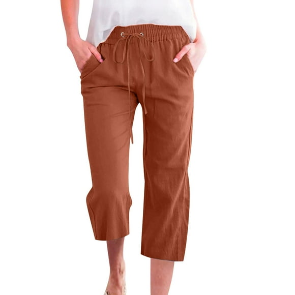 MAWCLOS Femmes Pantalon Couleur Unie Bas Taille Haute Capri Pantalon Jambe Large Salon Brun L