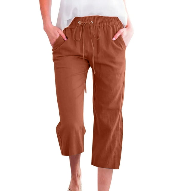 MAWCLOS Pantalon Capri Court Taille Haute Uni pour Femme à Jambe Grand, Brun, m