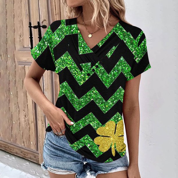 Fiudx Ofertas Flash Del Día Solo En Línea Top de Primavera/Verano de Manga Corta Informal con Cuello En V Estampado Del Día de San Patricio para Mujer