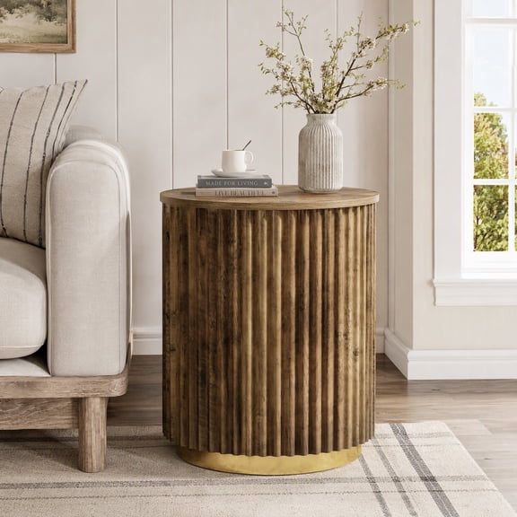 Fnova Fluted Round End Table, Farmhouse Bedside Table for Small Spaces, Living Room, Bedroom, Brown