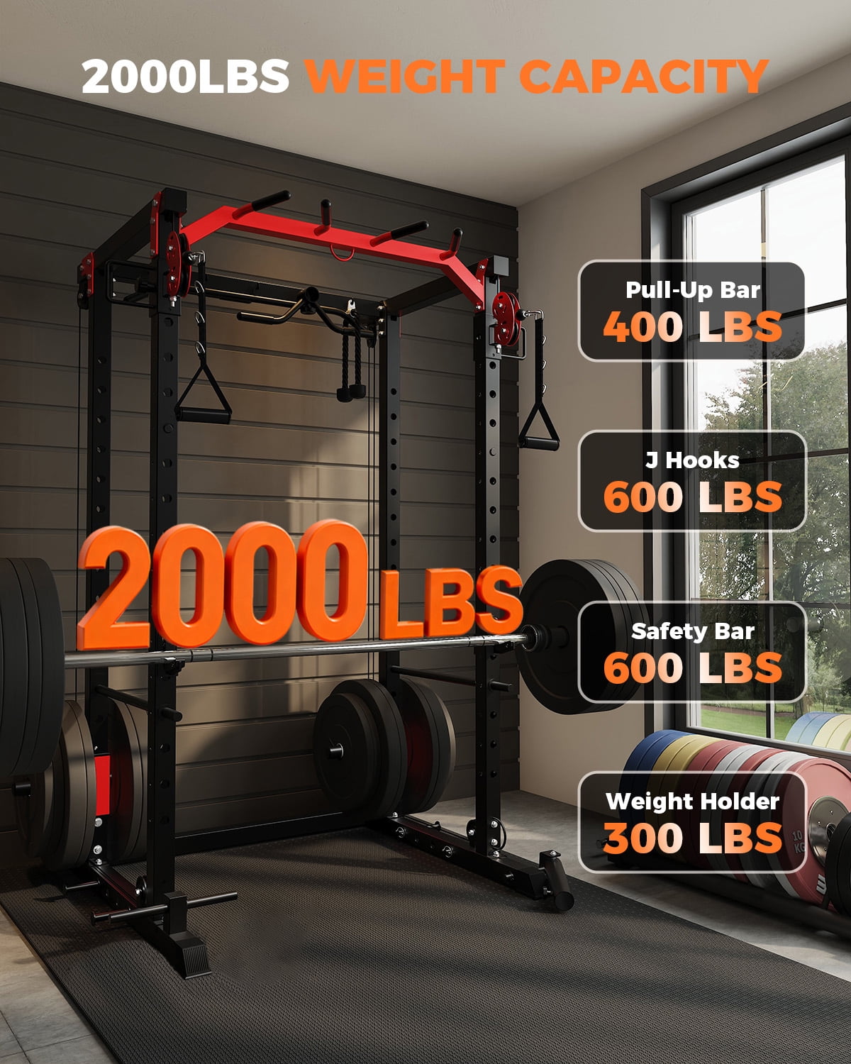 GARVEE Multi-Functional Squat Rack with LAT Pulldown System Exercise Power Cages,2000lb Capacity,Black&Red