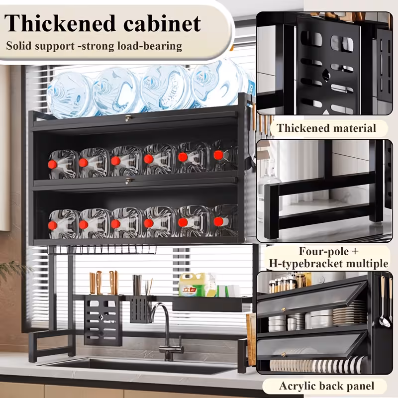 33" Double-Tier Kitchen Sink Shelving Unit with Doors, Dust-Proof Drainage Rack, Multifunctional Storage Cabinet for Dishes, Black