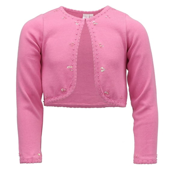 Cyndeelee Girls Long Sleeve Beaded Sequin Scallop Trim Bolero Cotton Shrug Cardigan (Pink, 2T)