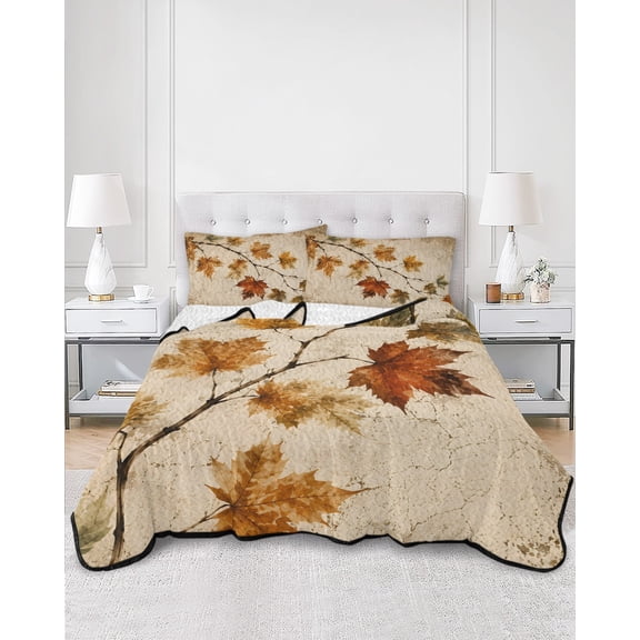 Quilts King Size, Vintage Maple Leaves Fall Soft Comforter Bedding Set for Bed, Thanksgiving Farm Botanical Lightweight Quilted Bedspread with Pillow Cover(2 Pieces) for All Season, 96x106 Inch