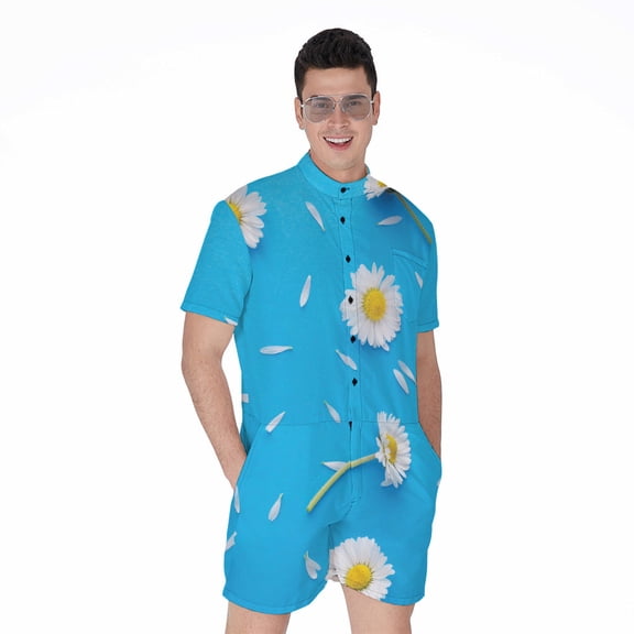 White Daisy Flower Short Sleeve Men'S Rompers, Daisy Floral Casual Summer Jumpsuits Outfit