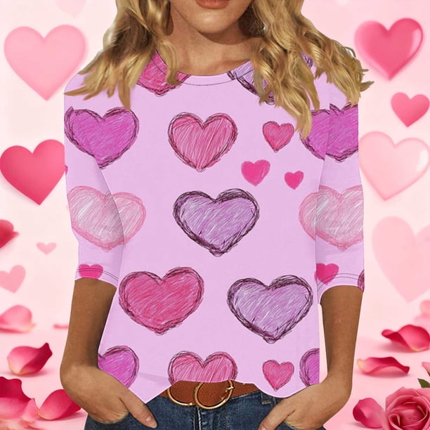 RKSTN Valentines 3/4 Sleeve Tops for Women Oversized Crewneck Valentine's Day Graphic Printed Short Sleeve T Shirt Womens Casual Round Neck Loose Comfy Loves Heart Print Three Quarter Sleeve Shirts