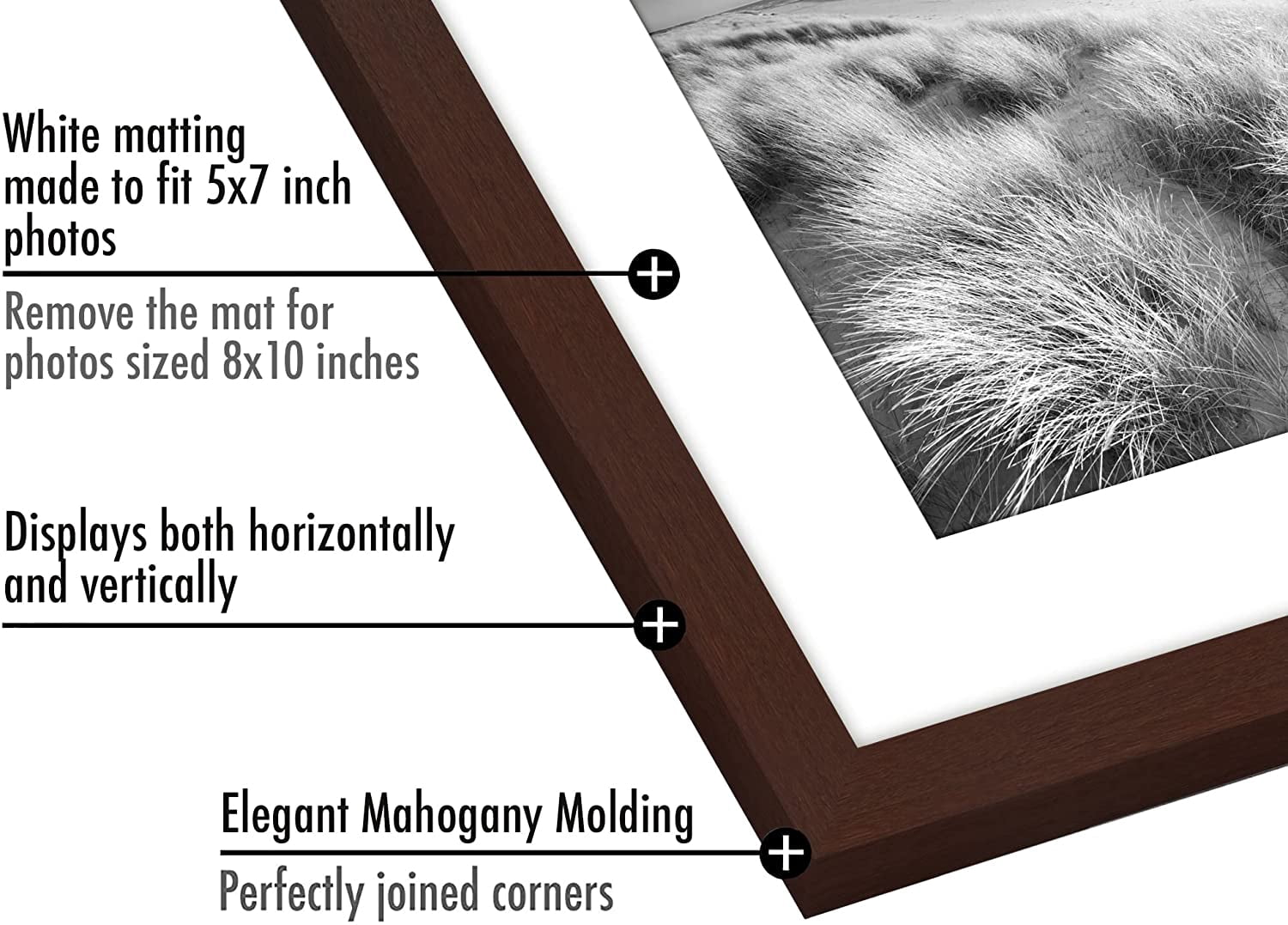 Americanflat 8x10 Picture Frame in Mahogany - Displays 5x7 With Mat and 8x10 Without Mat - Set of 5 Frames - Sawtooth Hanging Hardware and Easel Stand Included For Horizontal and Vertical Display
