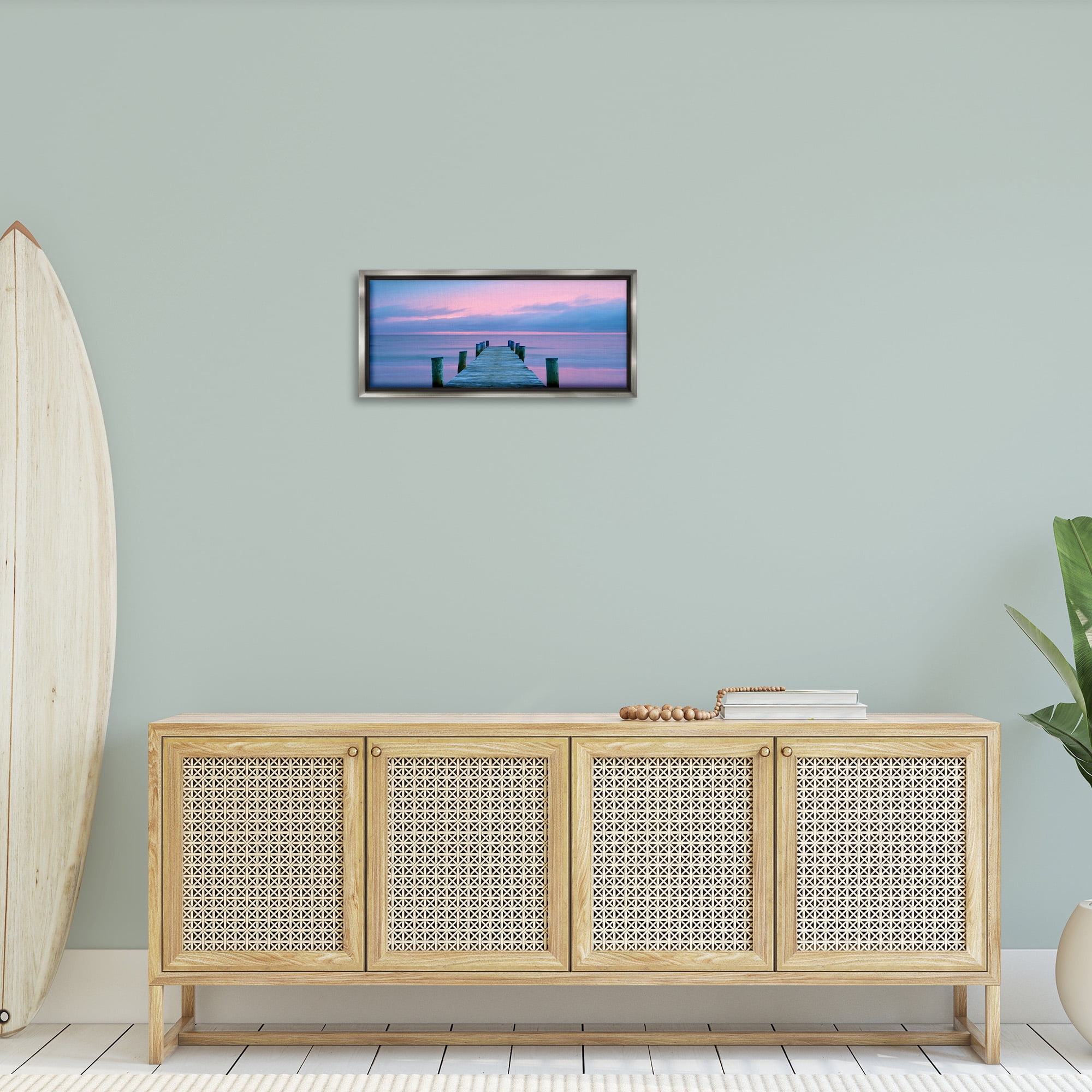 Stupell Industries Dock at Sunset Horizon Nature Photography Gray Floater Framed Canvas Art Print Wall Art, 25 x 11
