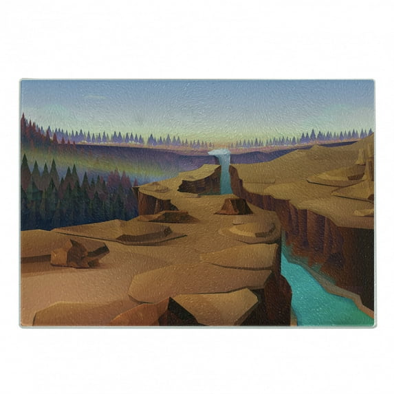 Southwestern Cutting Board, Cartoon Canyon Landscape with Distant Forest Tree Silhouettes National Park, Decorative Tempered Glass Cutting and Serving Board, Small Size, Multicolor, by Ambesonne