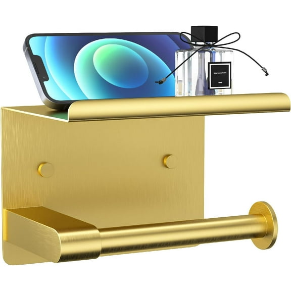 Brushed Gold Toilet Paper Holder Wall Mount, Fits Mega Rolls Size Rustproof Self Adhesive Brushed Brass Toilet Paper Holder Gold with Shelf
