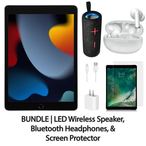 Restored Apple iPad 9 10.2" 64GB Space Gray (Wifi) Bundle: LED Wireless Speaker, Bluetooth Headphones, & Screen Protector (Refurbished)