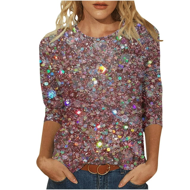 Bowake Hauts à Paillettes Manches 3/4 pour Femmes, T-Shirt de Fête à Paillettes Tendance, Col Rond, Décontracté, Multicolore 11