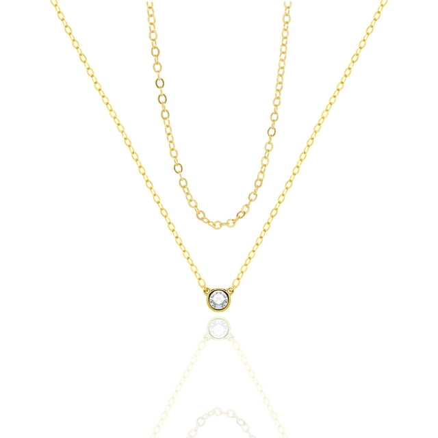 Mercie Sterling Silver Gold Vermeil Layered Pendant Necklace Bezel Set Stone Double Chain Design 18 Inch Everyday Wear