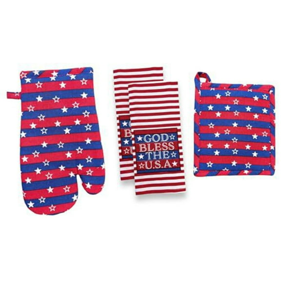 Set of 4, 100% Cotton Americana Theme Design Quilted Hanging Loop Kitchen Sets with God Bless The USA Include 2 Kitchen Towels, Potholder Oven mitt.
