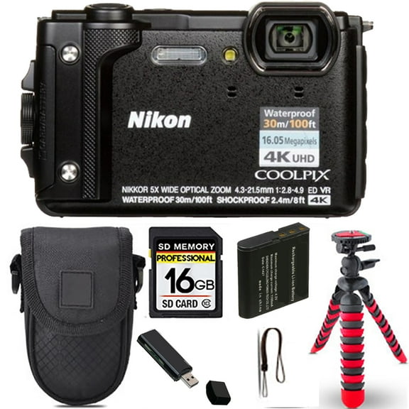 Nikon COOLPIX W300 Camera (Black)  Spider Tripod   Case - 16GB Kit (International Version)