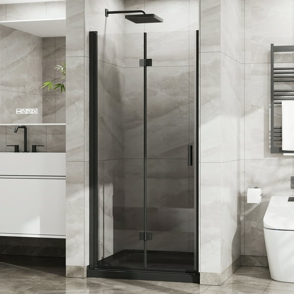 Demi Bonn 34" x 72" Bifold Shower Door, Walk-In Wet Room Divider, 1/4 inch Thick Clear Tempered Glass Frameless Shower Door, Black