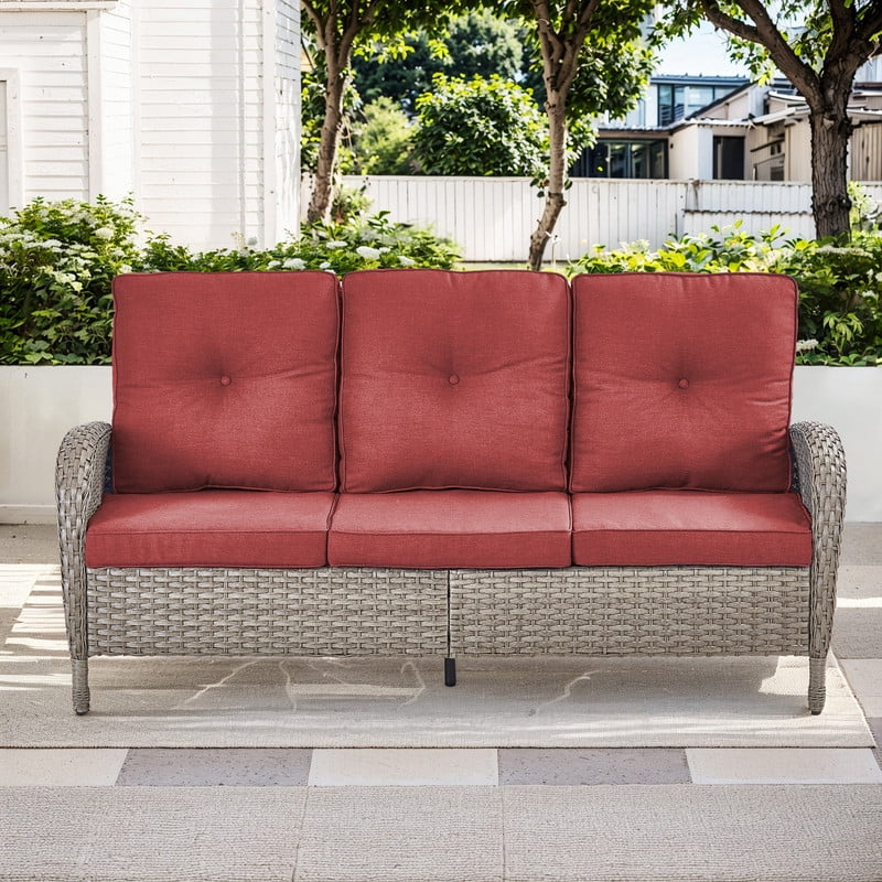 PARKWELL 6-Piece Outdoor Patio Conversation Set,Wicker 7-Seat High Back Furniture with Sofa, Swivel Gliders and Ottomans,Gray Wicker Red Cushions