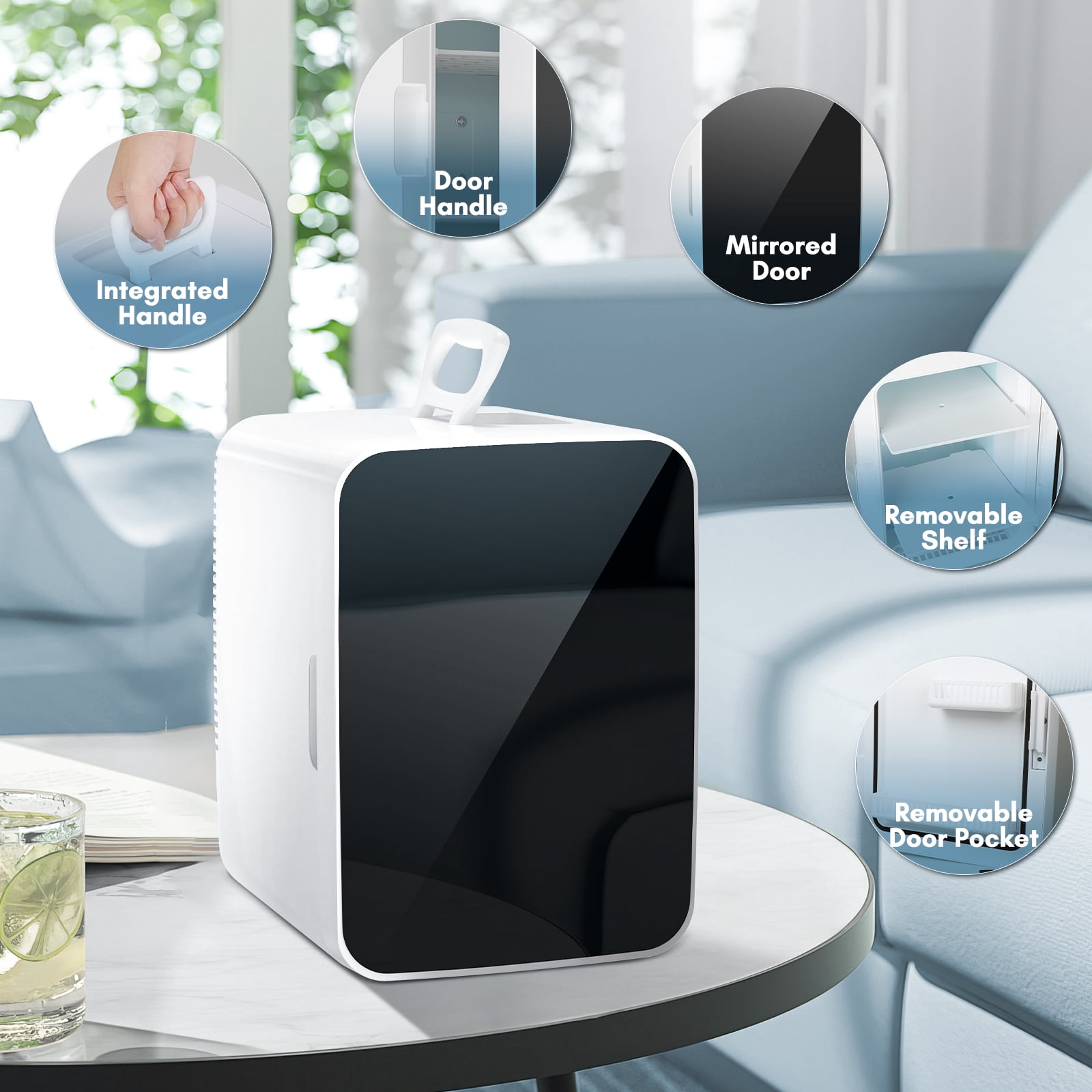 Auseo Mini Fridge for Bedroom, Portable Cooler for Cosmetics, Food & Drinks, Temper Glass Door with Doodle Pen, 12V DC/120V AC, for Skincare, Makeup, Car, Dorm Room, 10 Liter, White