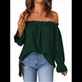 thumbnail image 3 of Blusa Informal Holgada de con Hombros Descubiertos y Volantes de Larga para Mujer. Verde M, 3 of 8