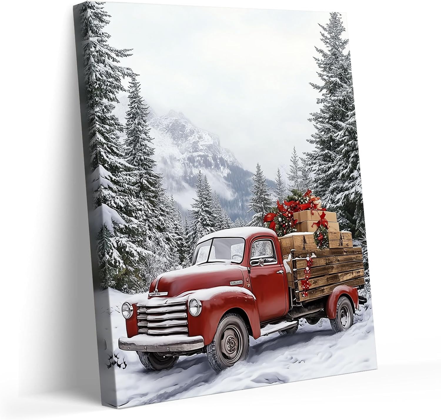 Christmas Canvas Wall Art Decor with Truck on Snowy Road, Gifts and Snow-Covered Pines, Holiday Canvas Print for Living Room and Bedroom, Festive Fixed Canvas for Winter Home Décor,24X30inch