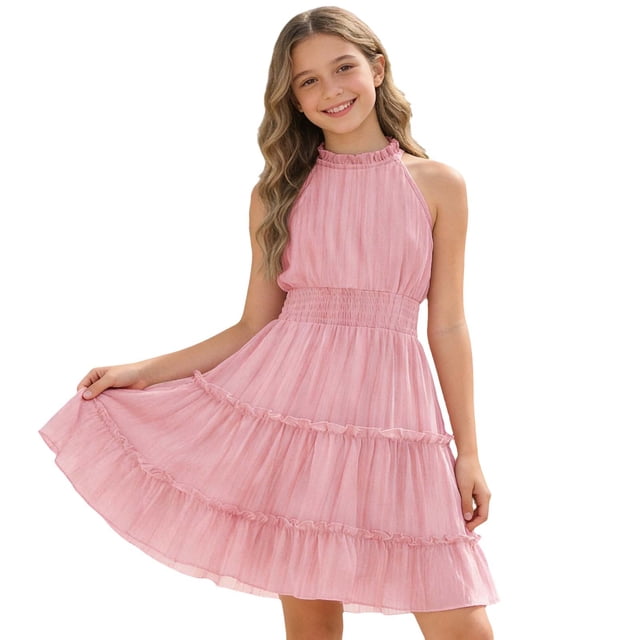 LUOGENLI Robe d'Été Décontractée pour Filles, Couleur Unie, Sans Manches, Ligne A, Fête, Tout-Petit (Rose, Taille 8-9 Ans)